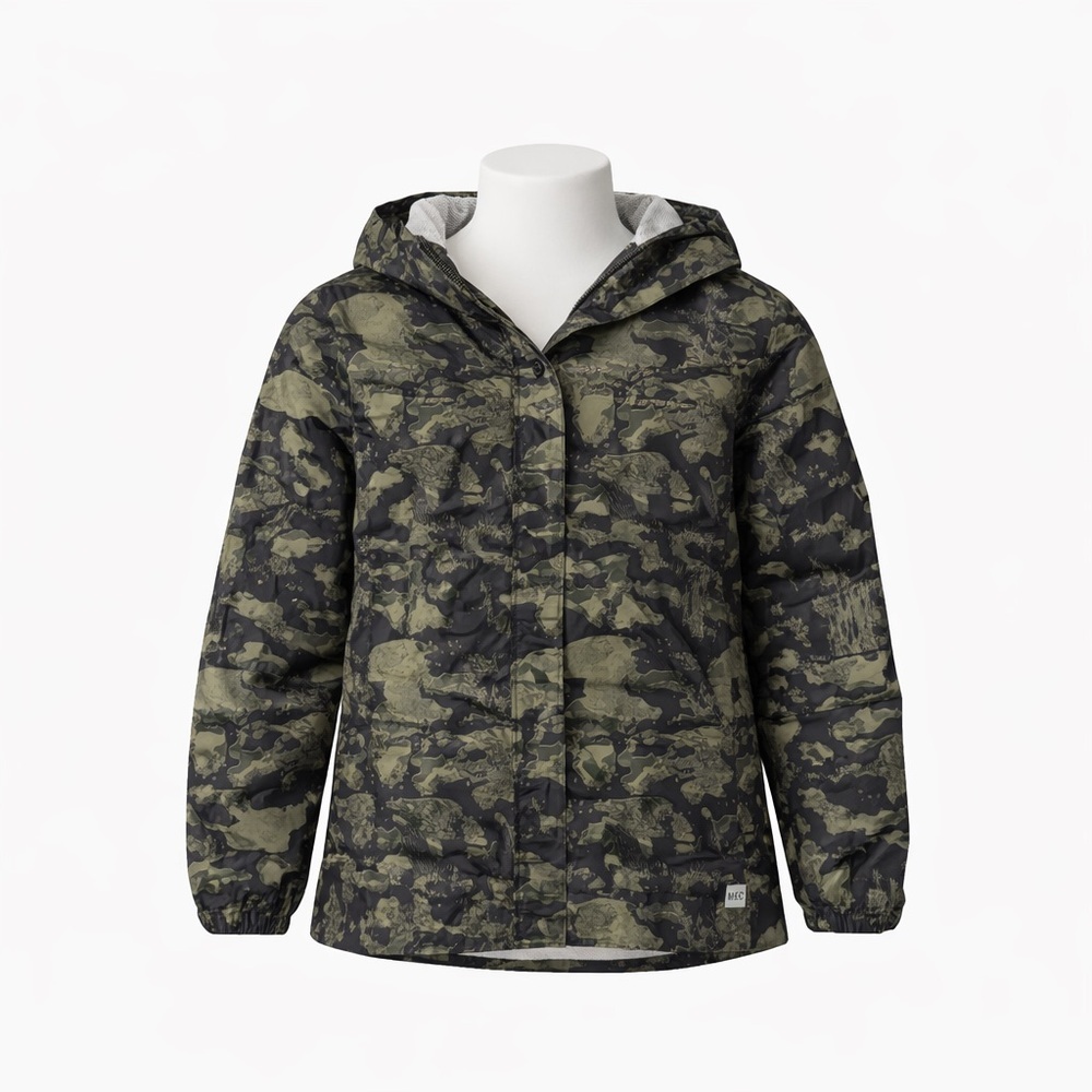Size 14 MEC Youth Camo Rain Jacket Waterproof Hooded Shell Lightweight‎